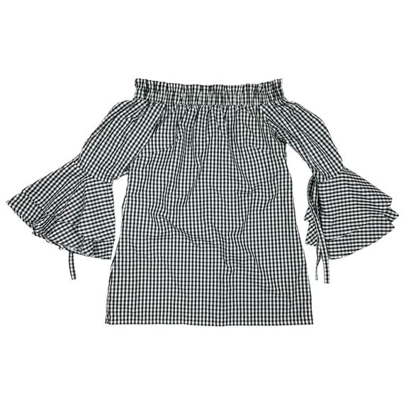 Style House Top‎ Women's Size Small Black White Off Shoulder Bell Sleeve Gingham - Picture 1 of 8